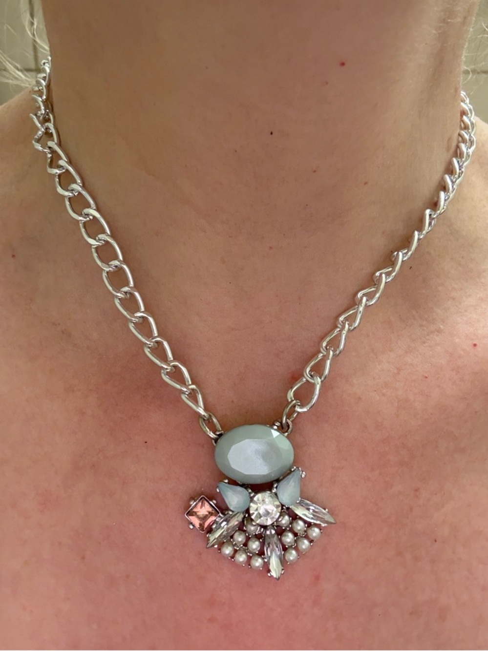Hand-crafted Silver Chain Necklace with Pale Blue Gem & Crystal Pendant